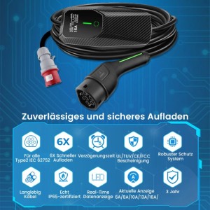 Junsun 22kW 3-Phasen EV Ladegerät mobil, 5m Kabel, CEE 32A Stecker, Typ 2 Anschluss, Display.