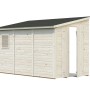 Unbehandeltes Palmako Mia Holz-Gartenhaus mit Pultdach, 332x165 cm. Naturholz mit einfacher Tür und kleinem Fenster.