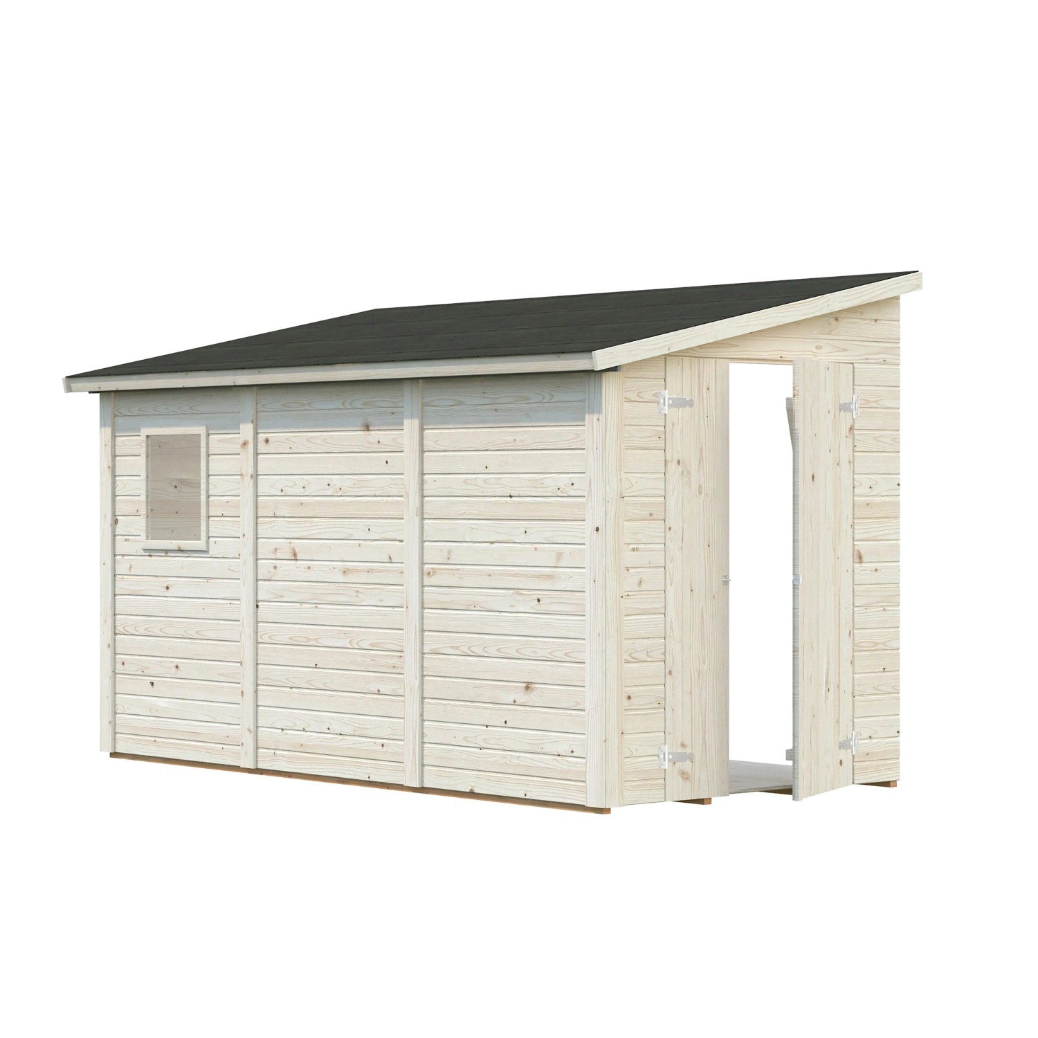 Unbehandeltes Palmako Mia Holz-Gartenhaus mit Pultdach, 332x165 cm. Naturholz mit einfacher Tür und kleinem Fenster.