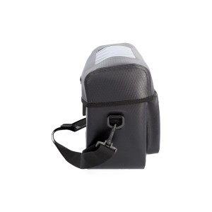 Schwarze Fischer Fahrradlenkertasche Plus Terra mit Schultergurt und transparentem Fach.