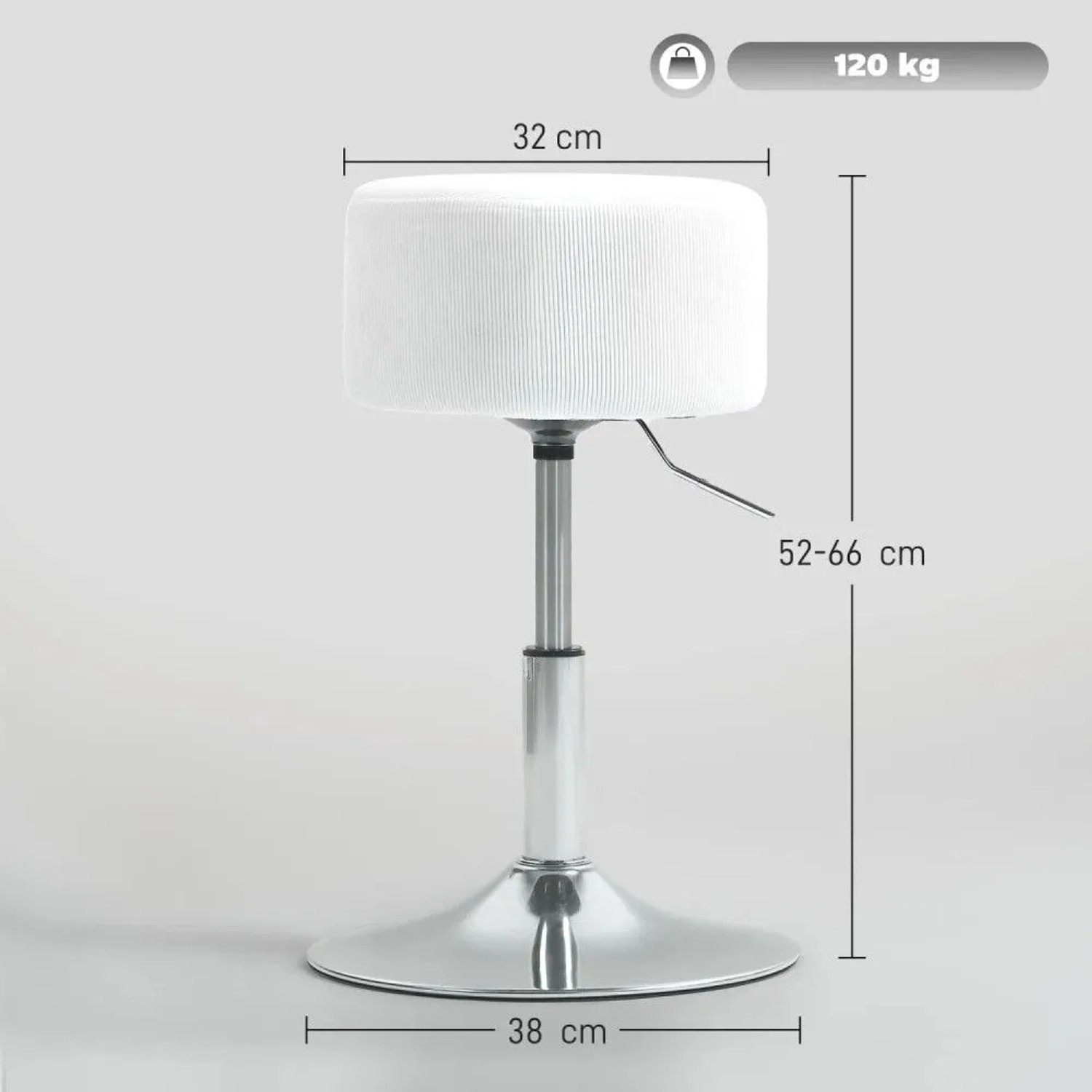 Weißer gepolsterter Barhocker mit rundem Sitz und silbernem Metallgestell, höhenverstellbar, 120 kg Belastbarkeit.