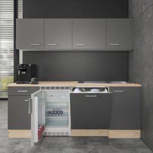 Flex-Well Büroküche Morena, 210 cm, basaltgrau/San Remo Eiche, mit Kühlschrank und Geschirrspüler.