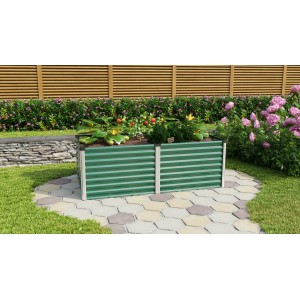 Rechteckiges Vitavia Linus 630 Hochbeet aus Seegras/Alu mit Bepflanzung im Garten.