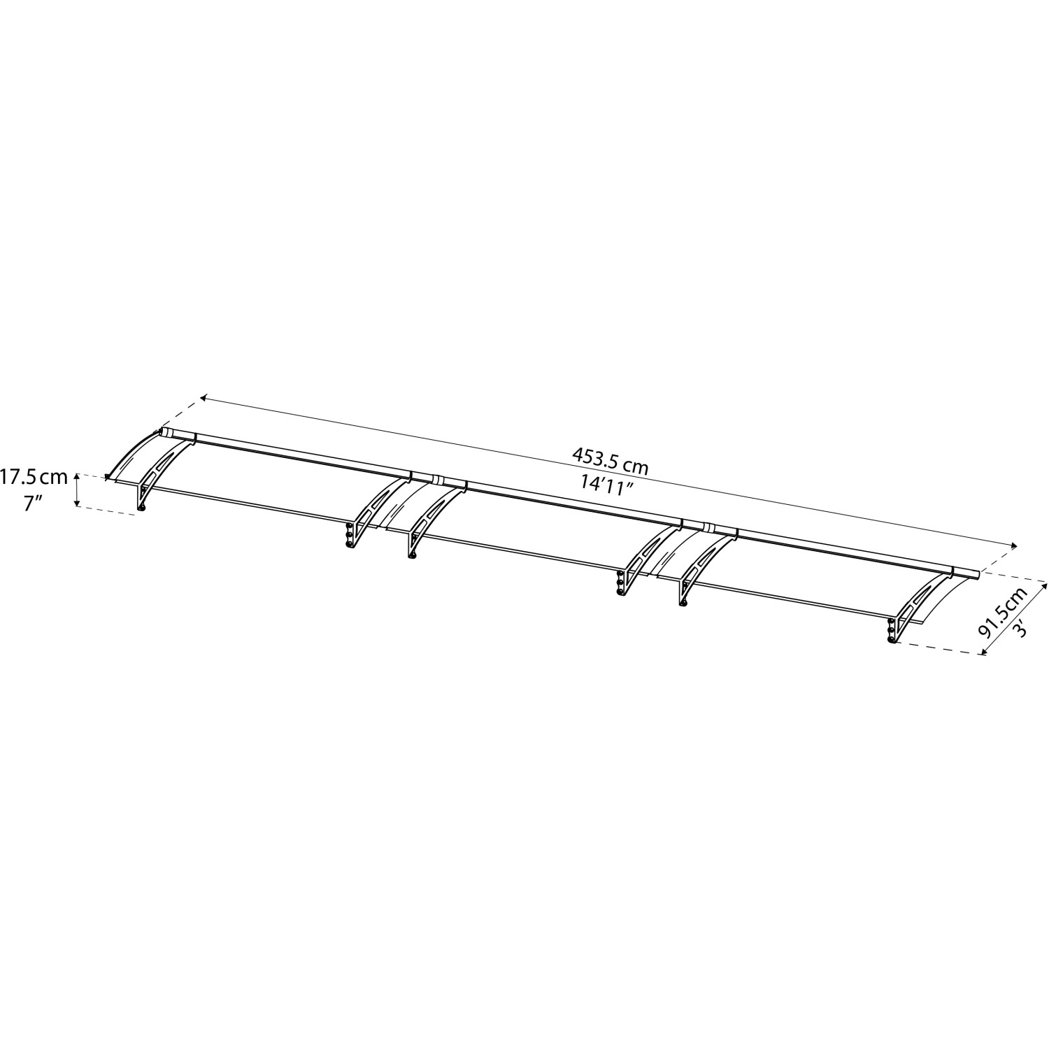 Technische Zeichnung: Palram Canopia Aquila 4.5 x 0.9 Vordach, anthrazit, klare Acrylglas-Eindeckung, Maße.