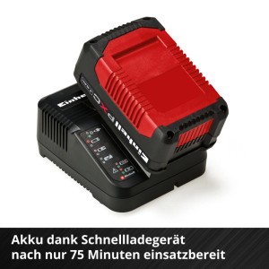 Einhell Power X-Change Starter-Kit: roter 18V 4Ah Akku im schwarzen Schnellladegerät. Ideal für Elektrowerkzeuge.