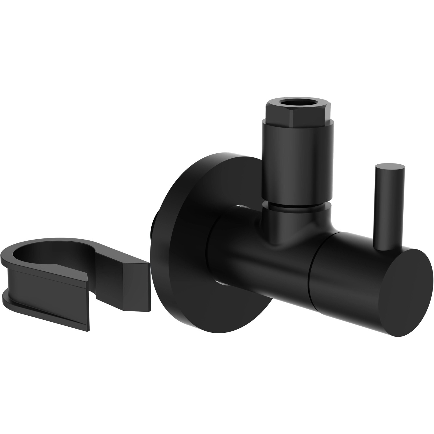 Schwarzes, mattes Kirchhoff Universal Eckventil für Kalt- und Warmwasserleitungen mit Wandrosette.