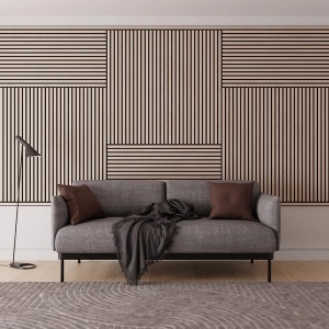 Wohnzimmer mit Akustikpaneel Wandverkleidung Eiche/Schwarz als Wanddeko hinter Sofa.