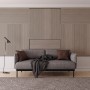Wohnzimmer mit Akustikpaneel Wandverkleidung Eiche/Schwarz als Wanddeko hinter Sofa.