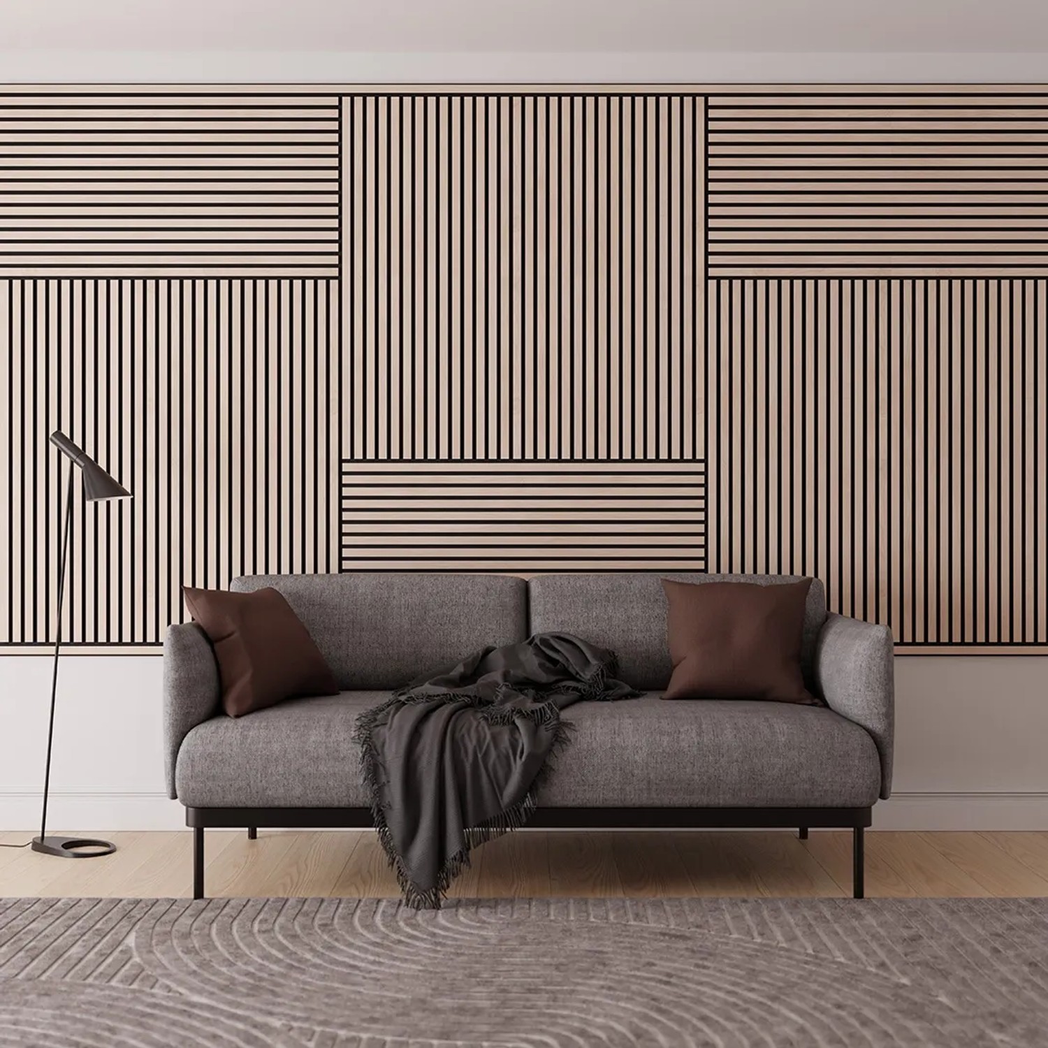 Wohnzimmer mit Akustikpaneel Wandverkleidung Eiche/Schwarz als Wanddeko hinter Sofa.