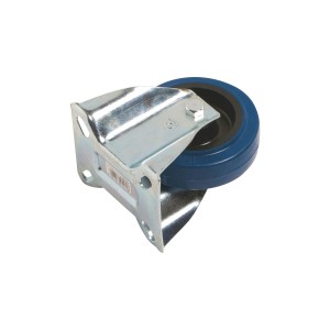 Transport-Bockrolle mit blauem Elastikrad, Ø 100mm, Traglast 150kg, Gehäuse aus verzinktem Stahlblech.