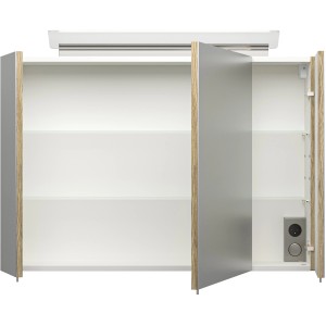 Offener Posseik Spiegelschrank, Eiche hell, 90 cm breit, mit Softclose-Türen und Innenleben.
