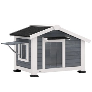 PawHut Hundehütte aus Tannenholz, grau-weiß, mit erhöhtem Boden und aufklappbarem Fenster für Belüftung im Garten.