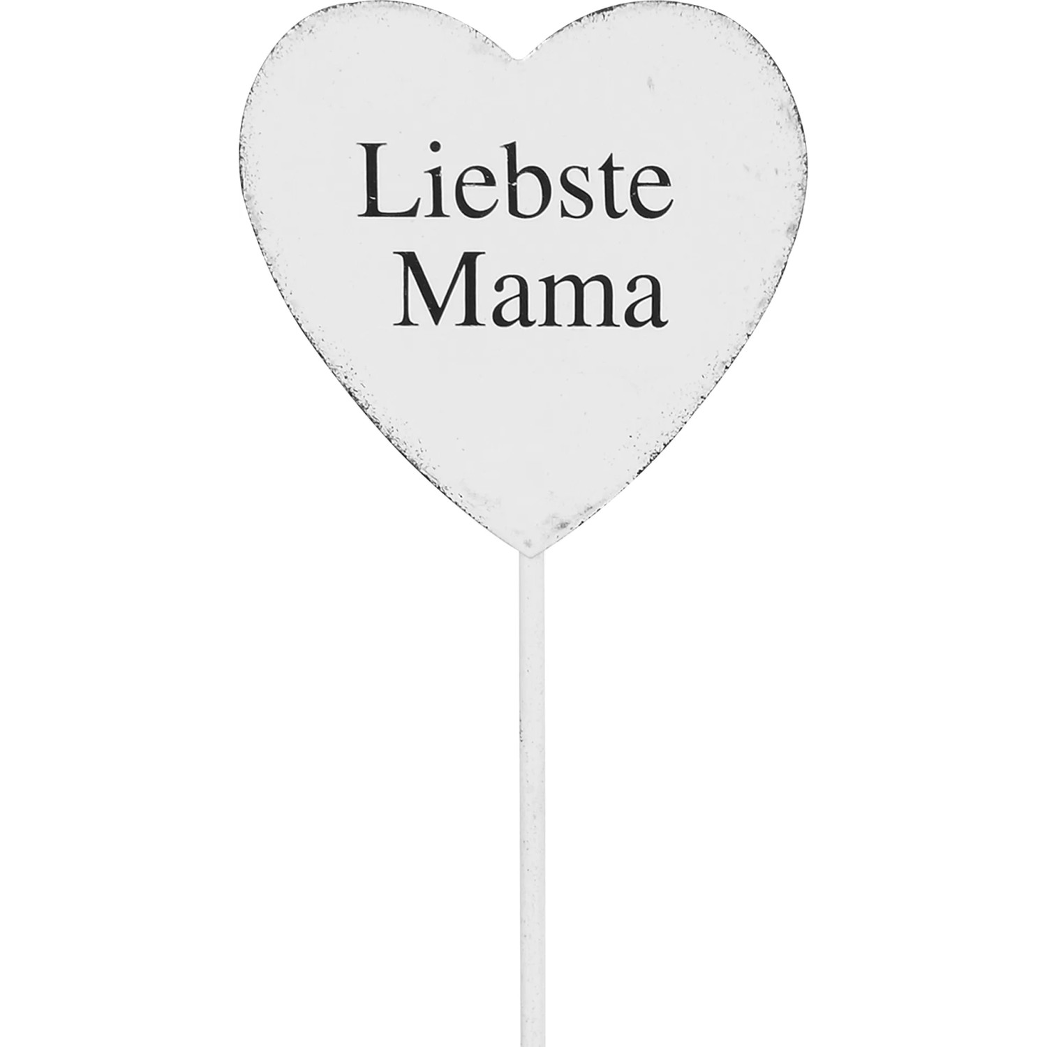 Gartenstecker Herz Antikweiß mit Schriftzug "Liebste Mama", 35 cm hoch.