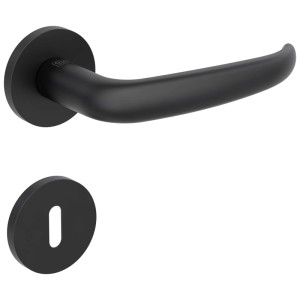 Schwarze Rosettengarnitur Saturn BB mit modernem Türdrücker und passender Schlüsselrosette für Innentüren.