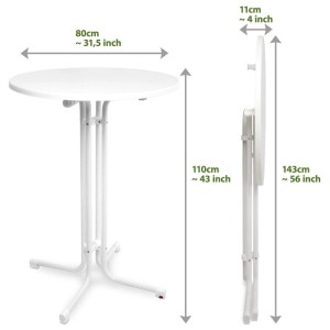 Weißer Beautissu Stehtisch Sylt, Ø 80 cm, für Indoor & Outdoor, mit Maßangaben.