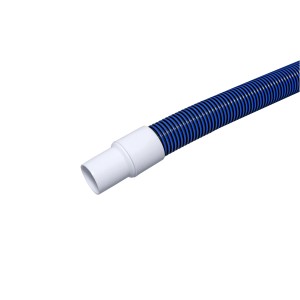Blauer Flowclear Pool Reinigungsschlauch, 38mm x 9m, mit weißem Adapter.