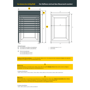 Skizze eines Raffstores mit Maßangaben zur korrekten Montage. Sonnenschutz für Fenster.