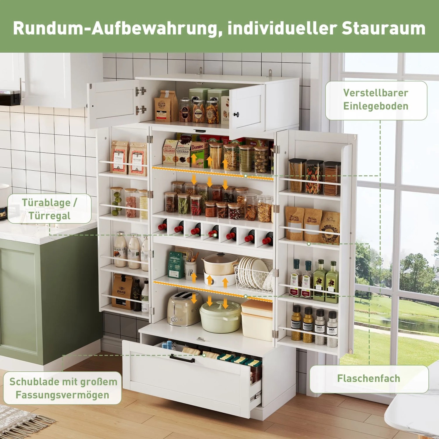 okwish Küchenaufbewahrungsschrank mit Einlegeböden Schubladen Weinregal 80x40x180cm Weiß_9