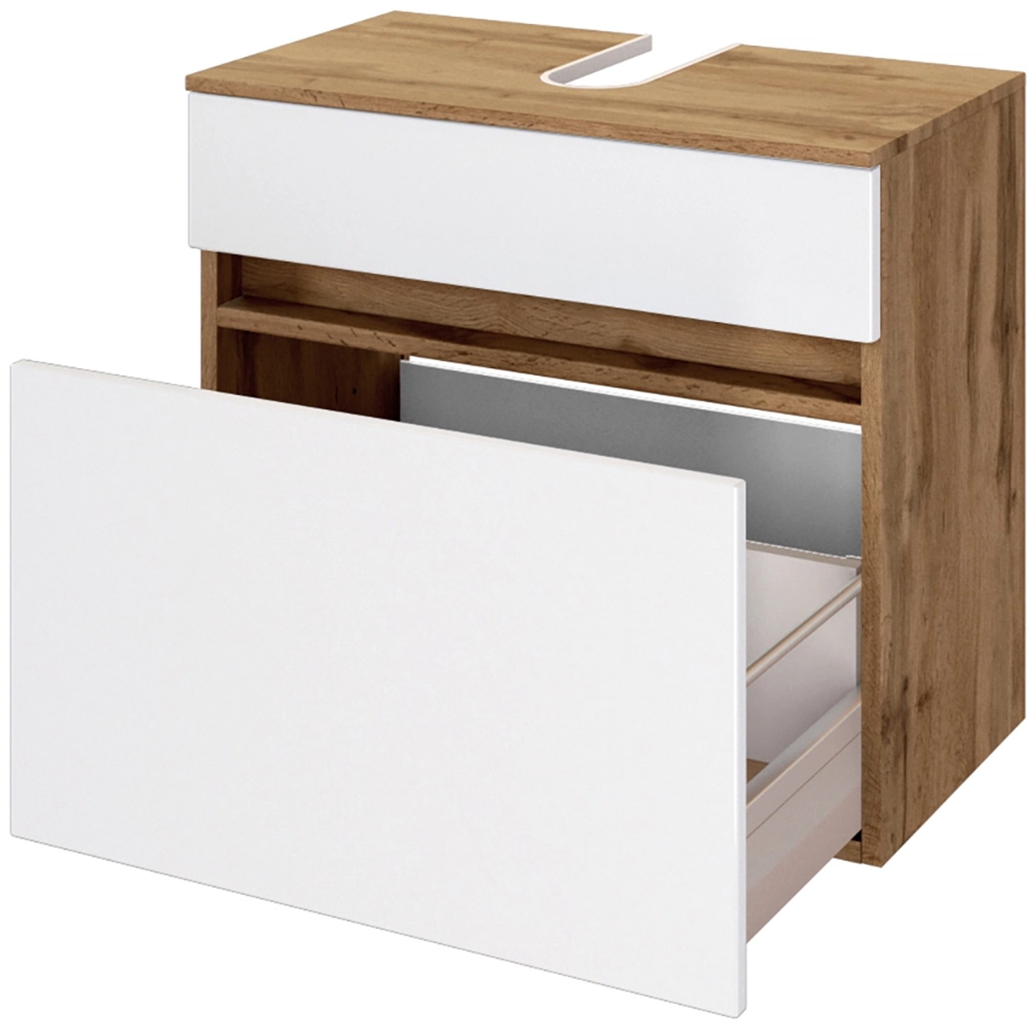 Held Möbel Waschbeckenunterschrank Bari, 60 cm, matt Weiß und Wotaneiche mit offener Schublade.