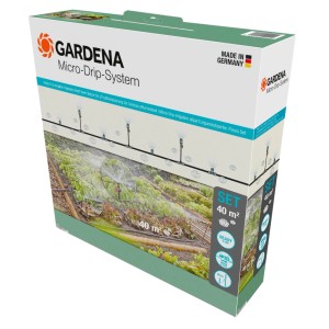 Verpackung des Gardena Tropfbewässerung Set Gemüse-/Blumenbeet für 40 m² mit Anwendungsbeispiel.