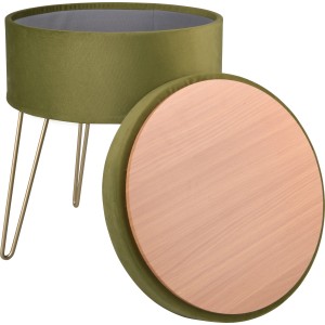 Grüner Sitzhocker Safari Lodge mit Holzdeckel und goldenen Beinen, 45 cm hoch.