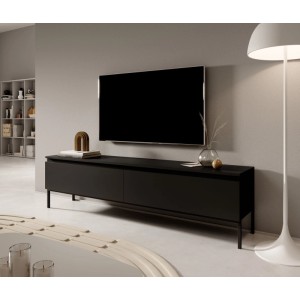 Modernes Selsey TV-Lowboard Bemmi 150 cm in Schwarz mit schlanken Beinen und zwei Fächern im Wohnzimmer.