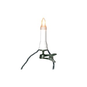 Warmweiße LED-Kerzenleuchte mit grünem Clip und Kabel für Außen-Lichterketten. Langlebige LED-Technik.