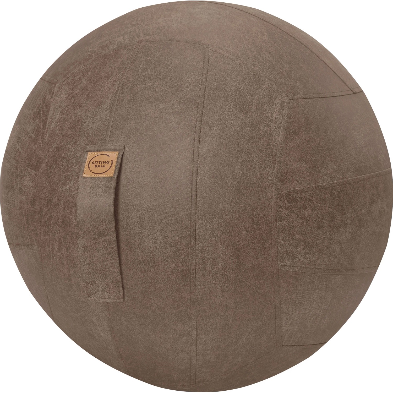 Brauner Sitting Ball Hocker Frankie, 150 l, aus Lederimitat mit Seitentasche.