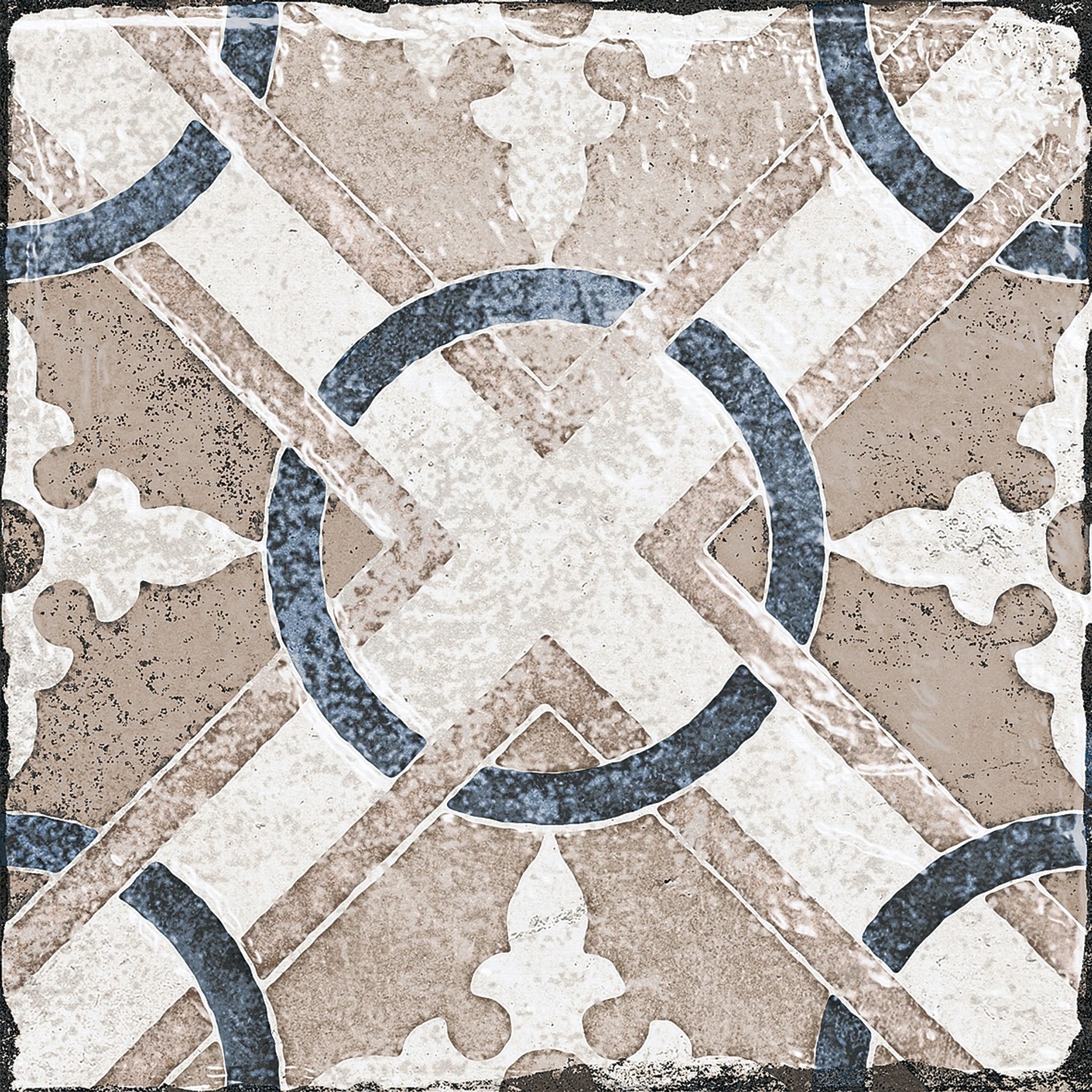 Dekorative, matte Bodenfliese aus Feinsteinzeug, 20x20 cm, mit blau-braunem Muster.