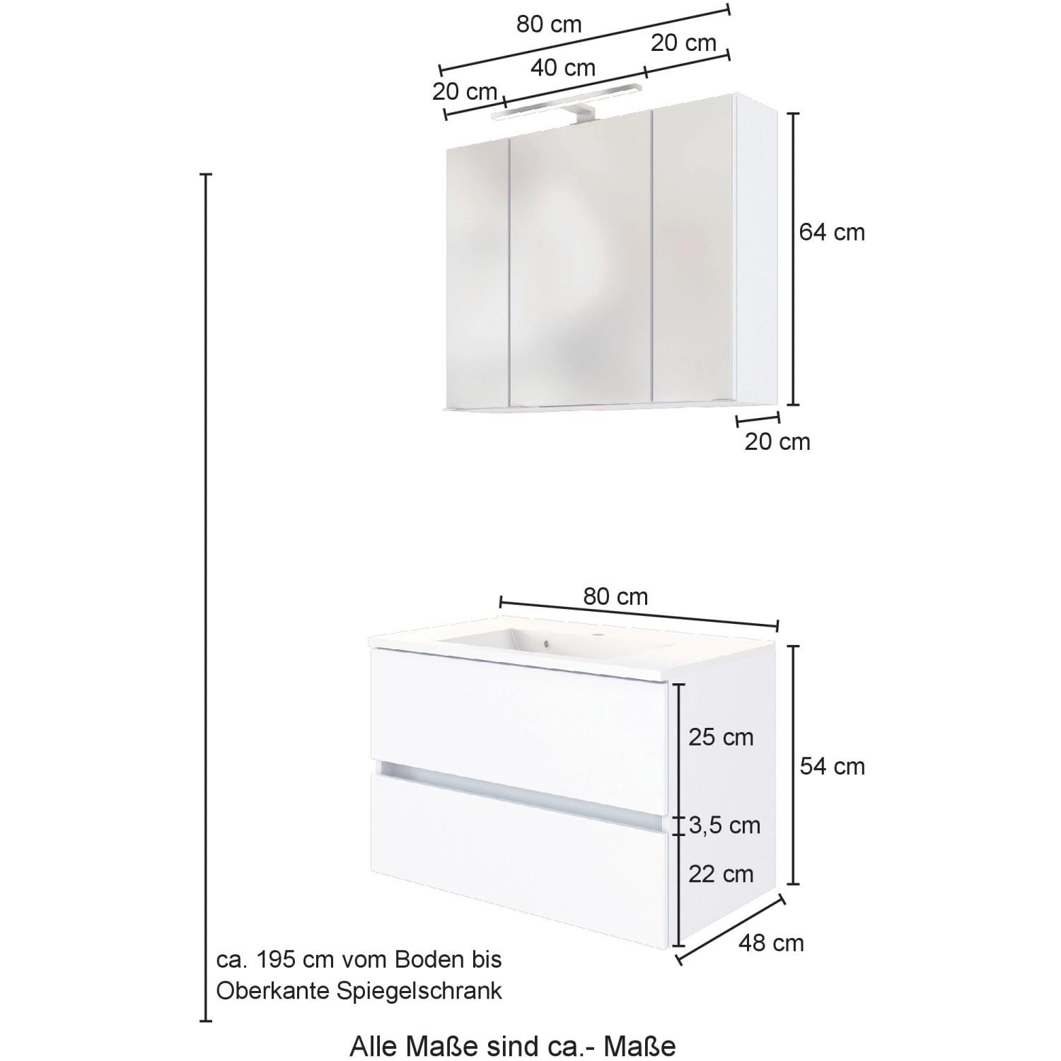 Held Möbel Waschtisch-Set Bari, 80 cm, Weiß/Eiche, mit Spiegelschrank und Mineralgussbecken.