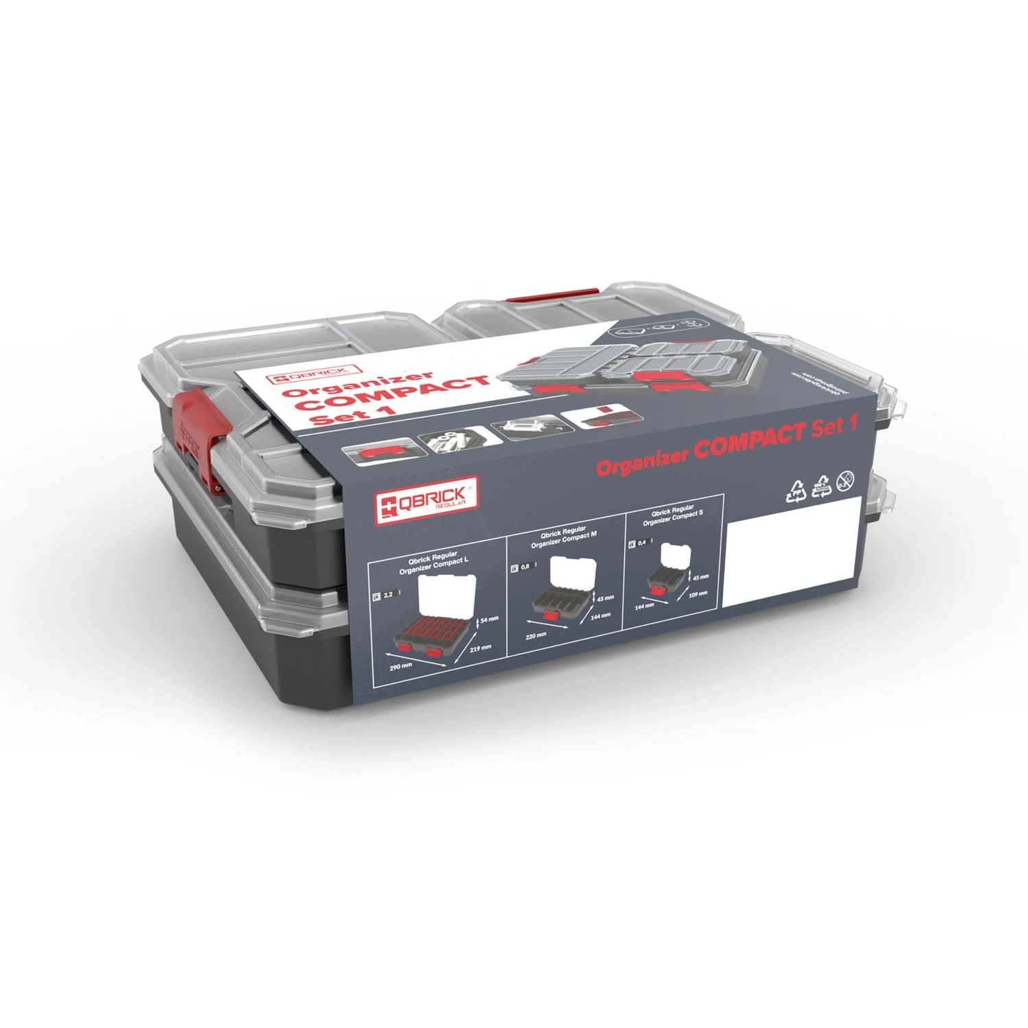 Qbrick Regular Compact Organizer Set 1, schwarz, stapelbare Aufbewahrungsboxen für Werkstatt und Hobby.