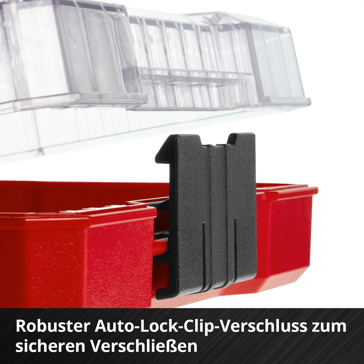 Detailaufnahme: Einhell Bit-Set XS-Case mit Auto-Lock-Clip Verschluss.