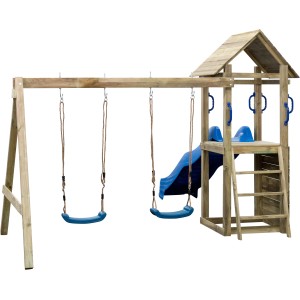 SwingKing Spielturm Maria mit blauer Rutsche und Doppelschaukel aus Holz für Kinder.