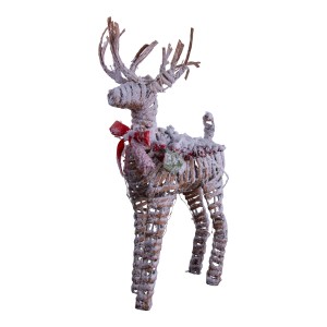 Naturfarbenes LED Rentier aus Kunststoffgeflecht mit Schleife, batteriebetrieben, für die Weihnachtsdeko.