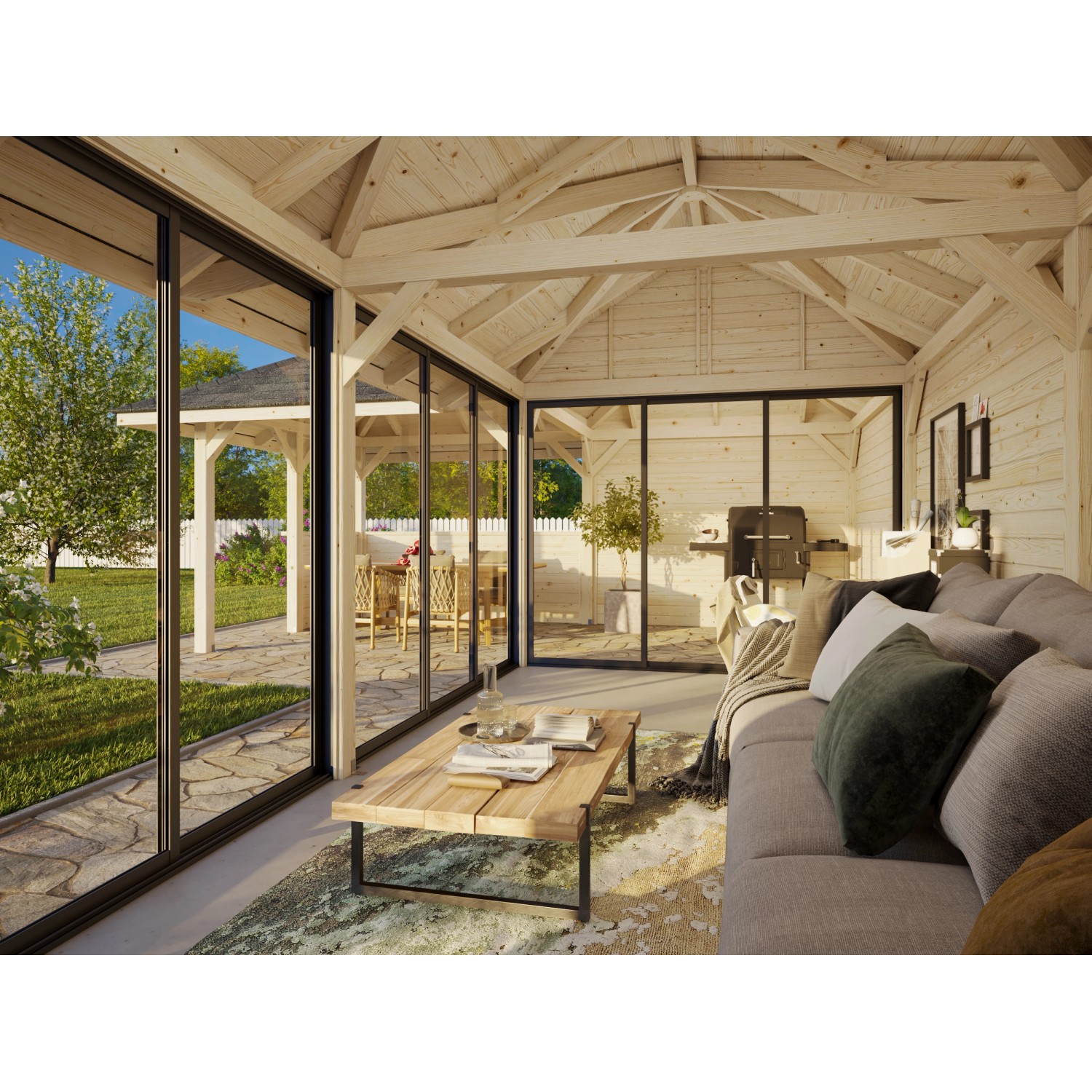 Palmako Pavillon Bianca Set mit Schiebetüren und Tresen, lackiert weiß. Weekendhaus aus Fichtenholz.