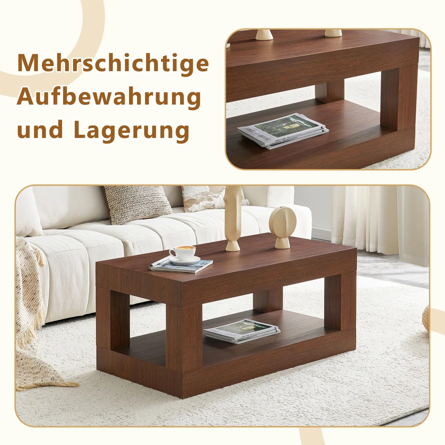 okwish Couchtisch mit MDF Doppelschicht Wohnzimmer Lager Regal 93x53x45cm Walnuss_7