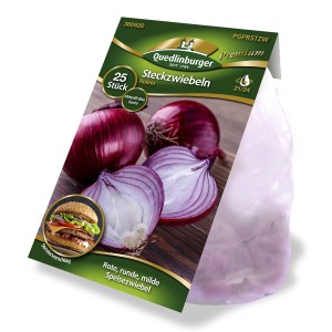Packung Quedlinburger Steckzwiebeln 'Rolein', rote, runde Sorte.