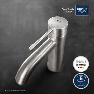 Grohe Essence Waschtischarmatur S-Size in Supersteel: Einhebelmischer für Waschbecken im modernen Design.