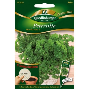 Packung Quedlinburger Petersilie Moskrul 2 Saatscheiben mit krausen Blättern.