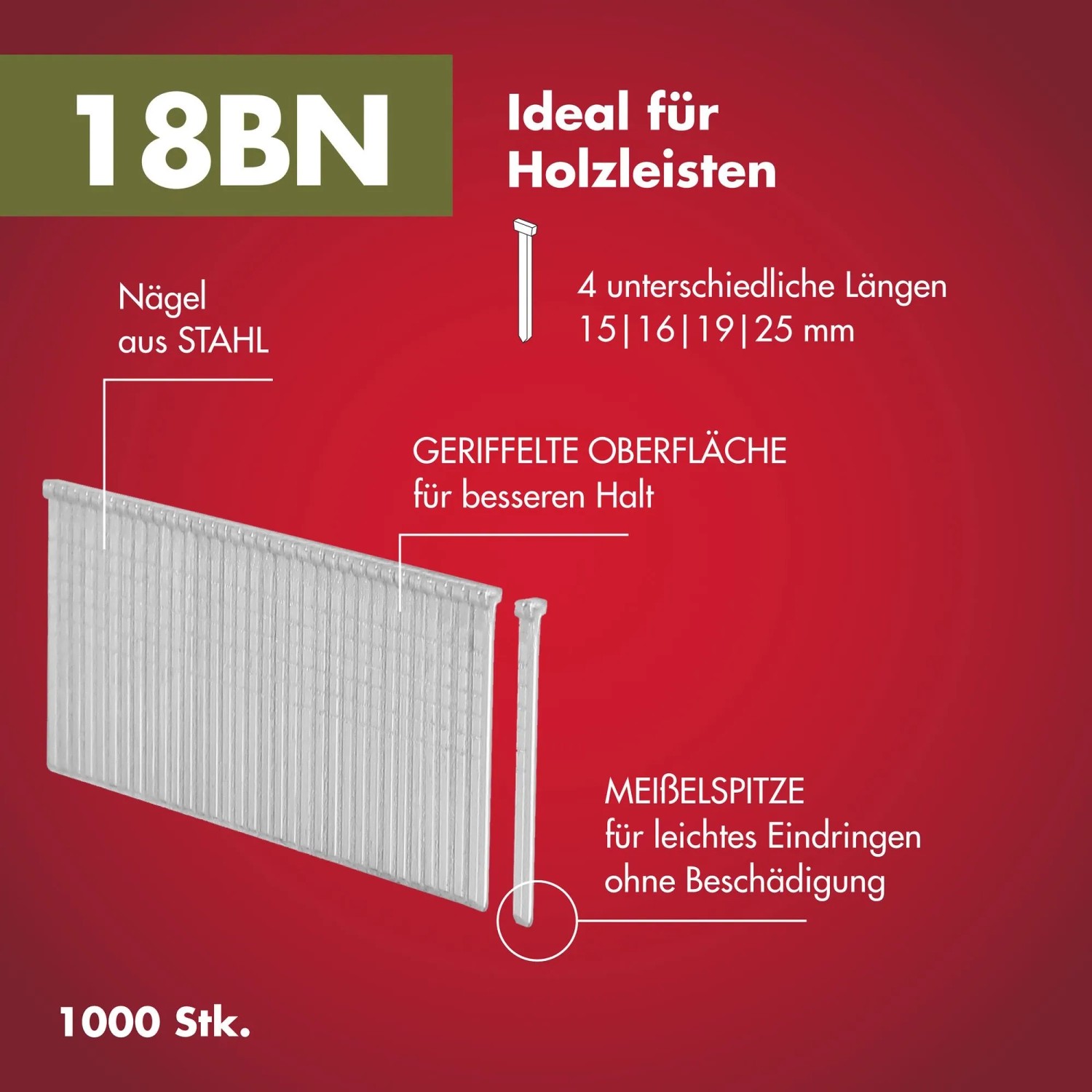 Arrow Tackernägel 18BN, 16 mm, 1000 Stück, für Hand- und Elektrotacker, zum Befestigen von Zierleisten.
