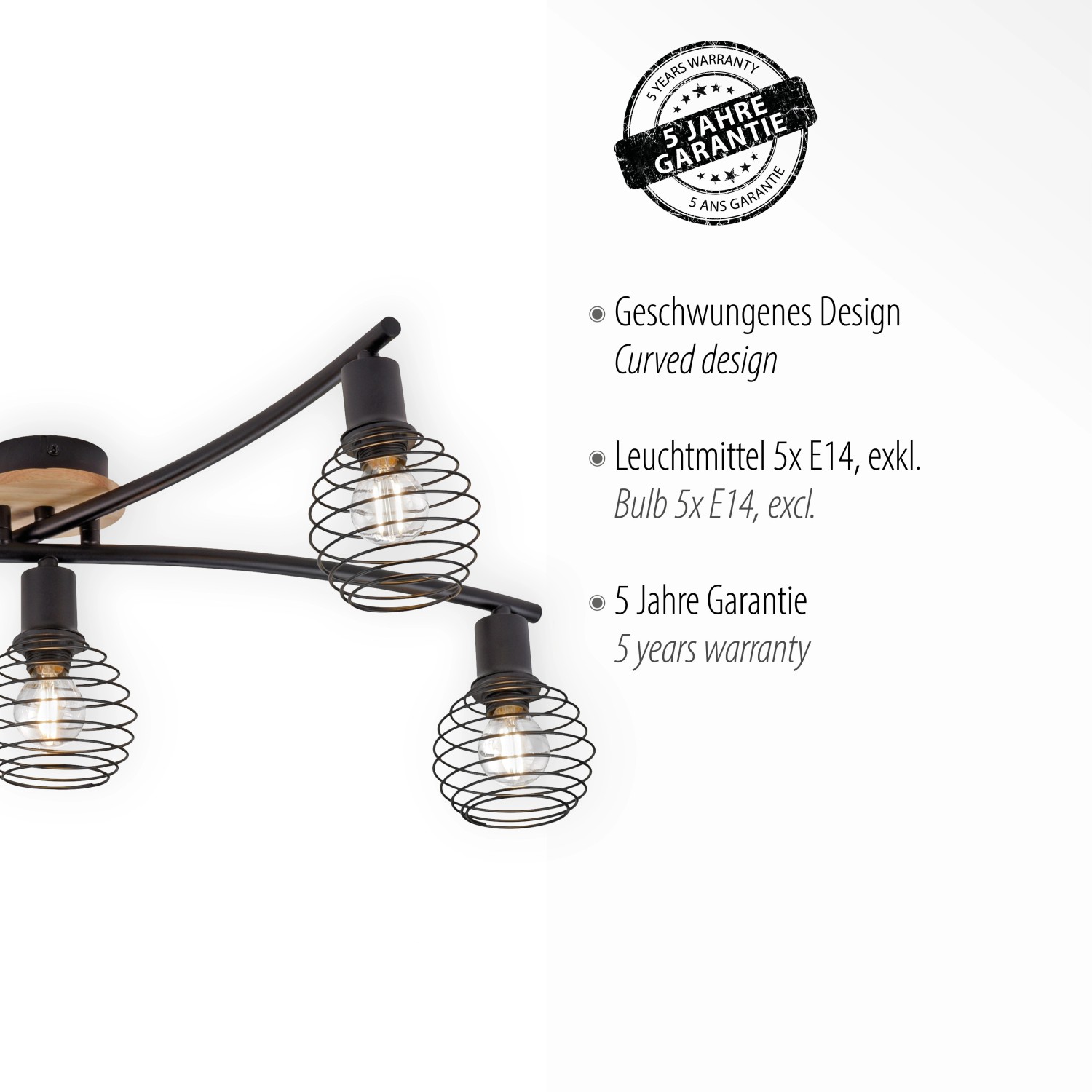 Fünfflammiger, schwarzer Decken-Spot Eugen mit Holz-Elementen im Natur-Look.