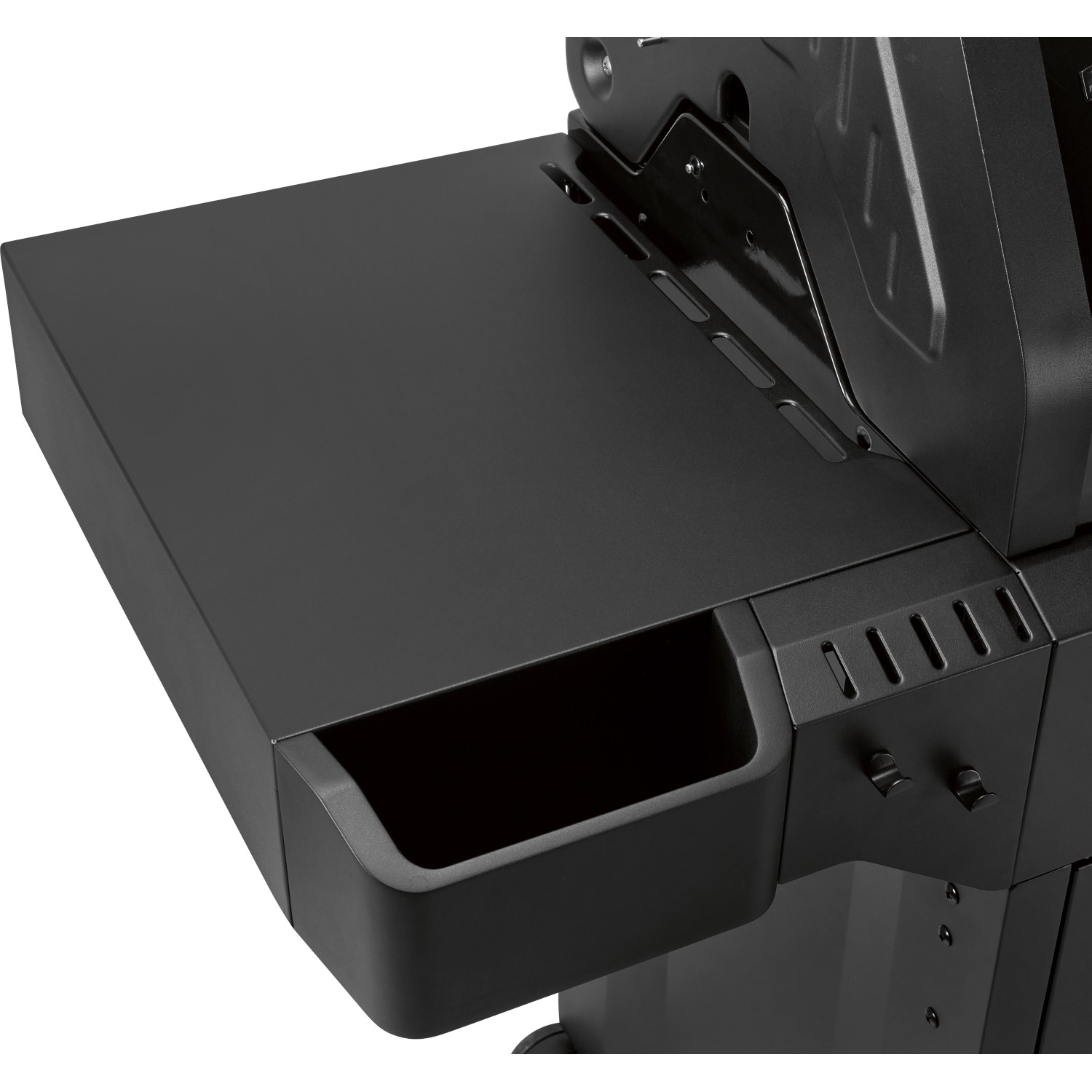 Detailaufnahme: Schwarzer Jamestown Gasgrill Knox II mit Ablage und Schublade.