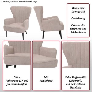Beiger Lounge-Sessel mit Cord-Bezug, breiter Sitzfläche, Armlehnen und Ziernähten.