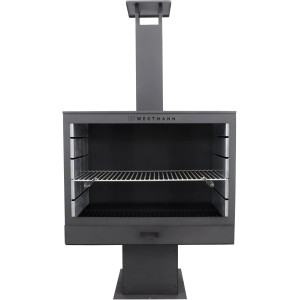 Schwarzer Westmann Grillkamin mit Grillrost, pulverbeschichteter Stahl.