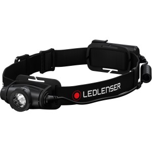 Schwarze Ledlenser H5 Core Stirnlampe mit verstellbarem Kopfband für Heimwerker und Sportler.