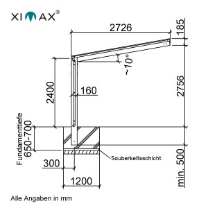 Skizze: Ximax Alu Doppelcarport Linea Tandem Typ 110, Maße und Fundamentdetails.