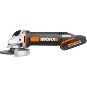 Worx Akku-Winkelschleifer WX800, 20V mit Akku. Kompaktes Design für Schleifarbeiten.