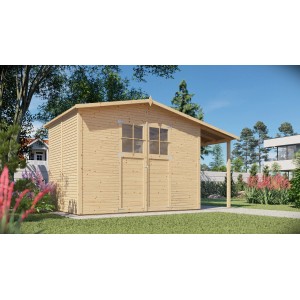 Bertilo Gerätehaus aus naturbelassenem Holz mit Anbau, Doppeltür und Fenstern.