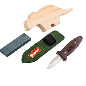 Scout Schnitz-Set für Kinder: Messer, Holzrohling, Schleifstein und Messertasche.