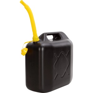 Schwarzer 10 l Reserve-Kraftstoffkanister aus Kunststoff mit gelbem Einfüllstutzen.